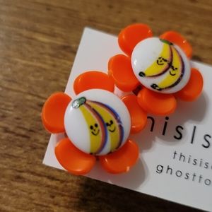 New Pierced Earrings Orange Flowers with a Happy Banana print